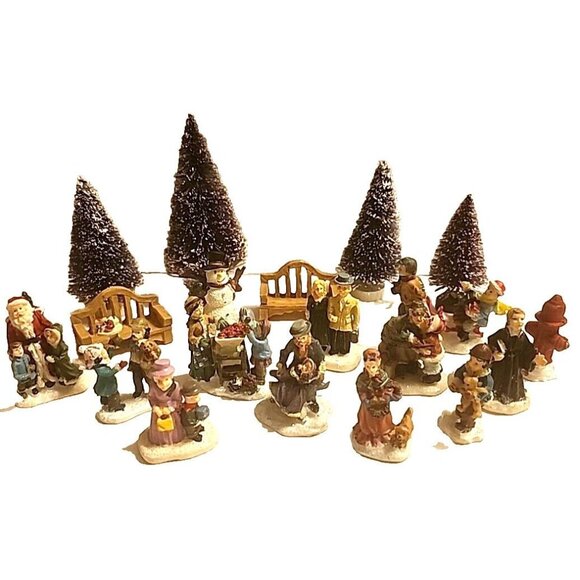 19 Pc Christmas Village SetPeople Children Figurines Santa Trees Benches